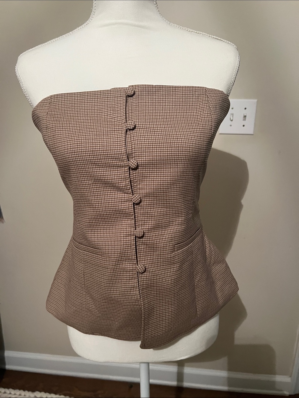 Zara Brown Checked Strapless Button-Front Crop Top